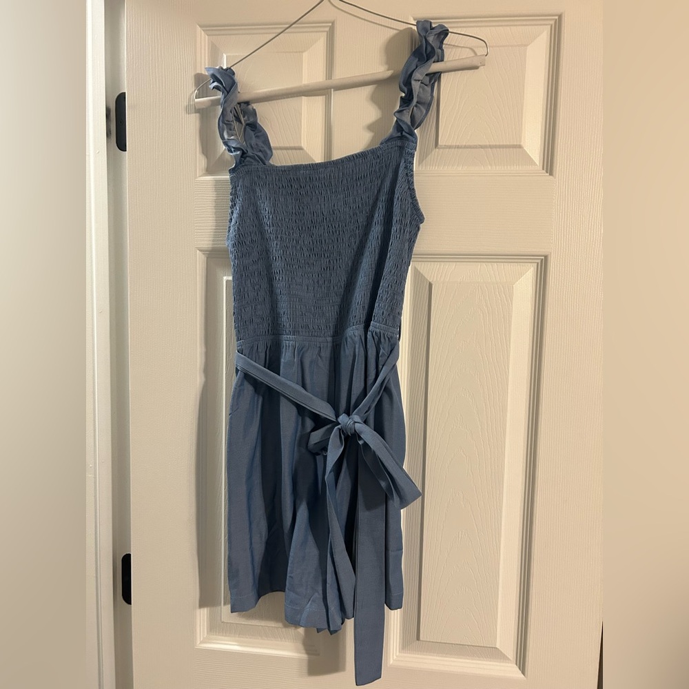 Smocked Ruffle Strap Blue Sundress with Tie Waist
